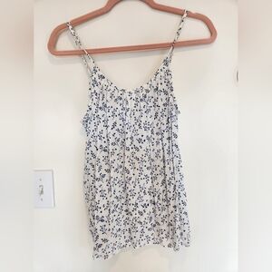 H&M White Flowy Tank Top With Blue Floral Size 2